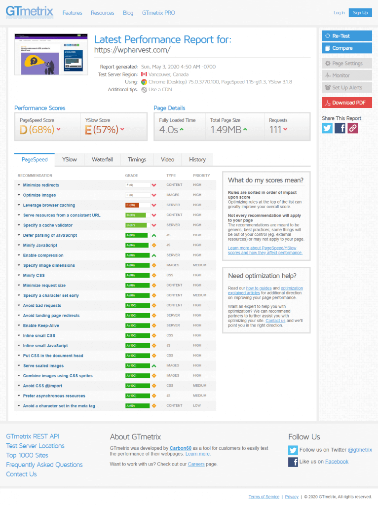 GTMetrix page speed report